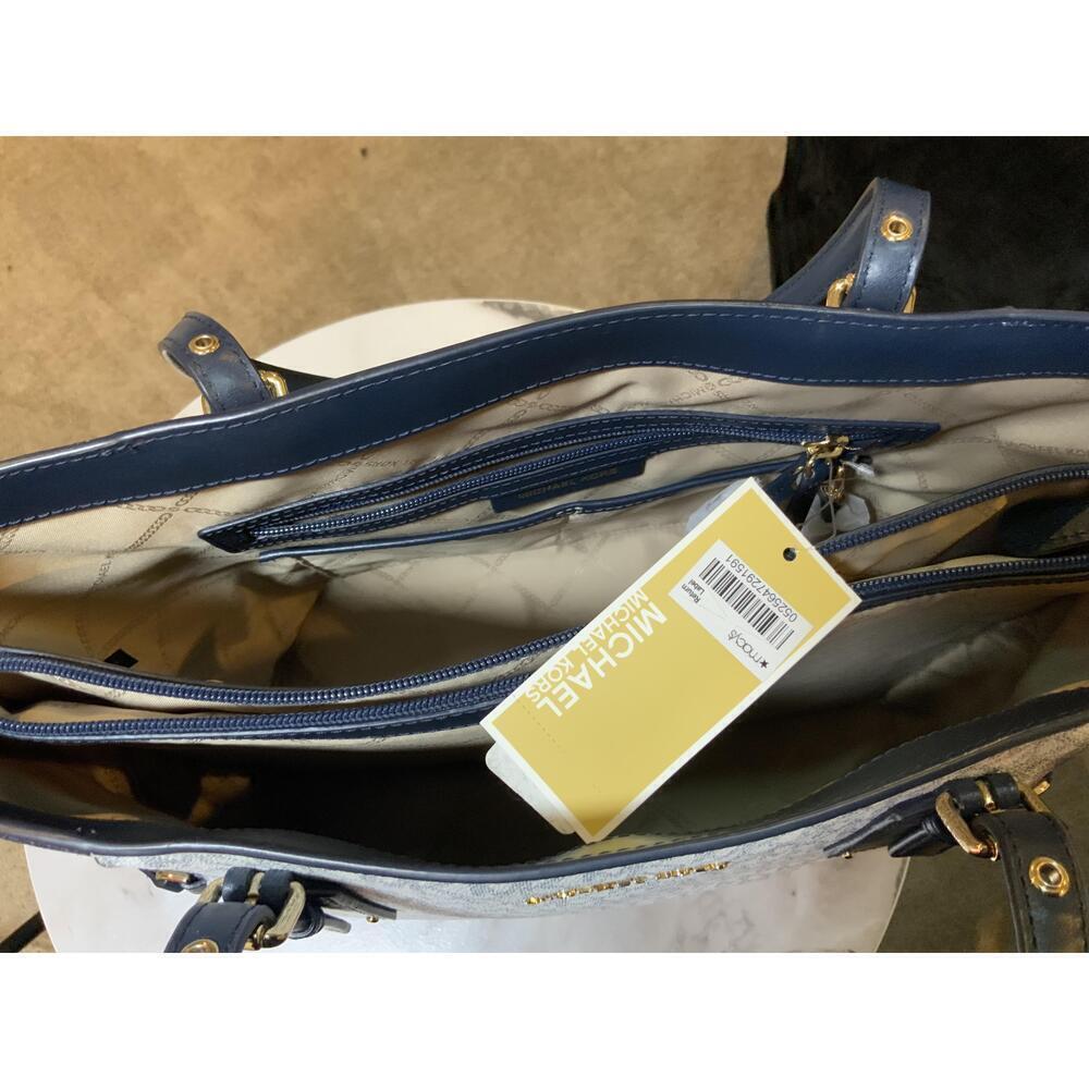 Michael Kors Blue Leather Logo Print Tote Handbag Dual Handles Sz 11x11 Luxe Bag - Picture 11 of 14